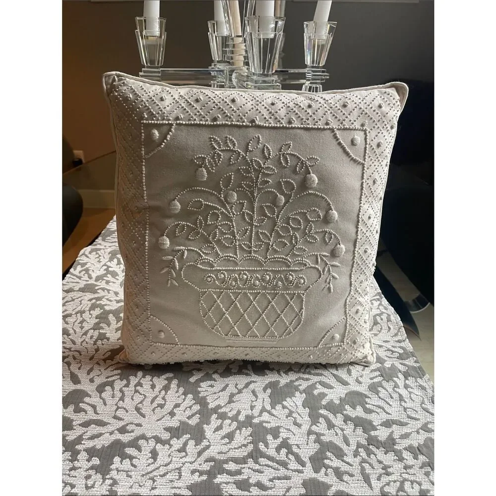 Embroidered Botanical Throw Pillow - Cream